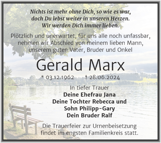 Traueranzeige von Gerald Marx von Trauerkombi Mansfelder Land