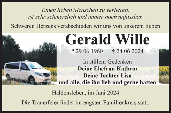 Traueranzeige von Gerald Wille von Volksstimme Haldensleben/Wolmirstedt