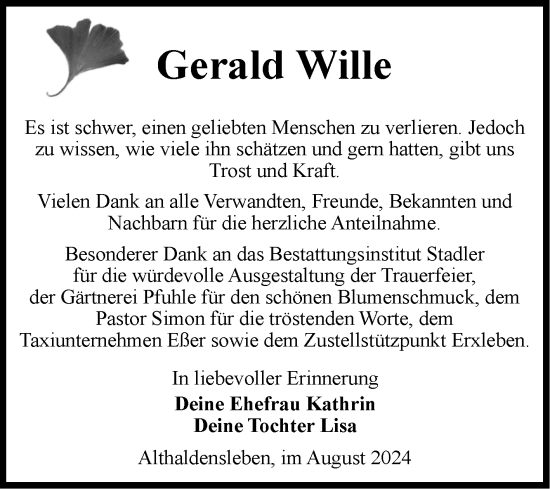 Traueranzeige von Gerald Wille von Volksstimme Haldensleben/Wolmirstedt