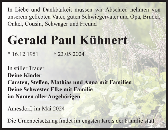 Traueranzeige von Gerald Paul Kühnert von Volksstimme Staßfurt