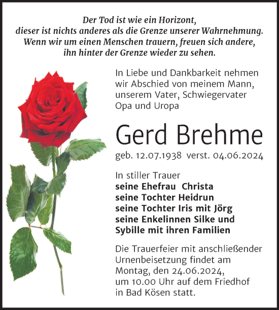 Traueranzeige von Gerd Brehme von Naumburger Tageblatt