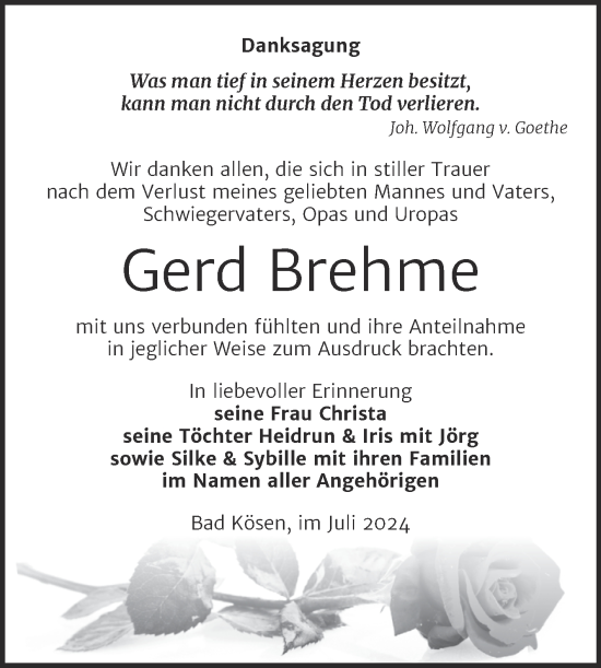 Traueranzeige von Gerd Brehme von Naumburger Tageblatt