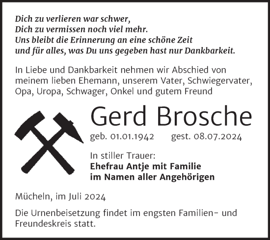 Traueranzeige von Gerd Brosche von Trauerkombi Merseburg