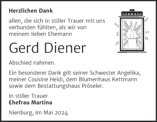Traueranzeige von Gerd Diener von Trauerkombi Bernburg