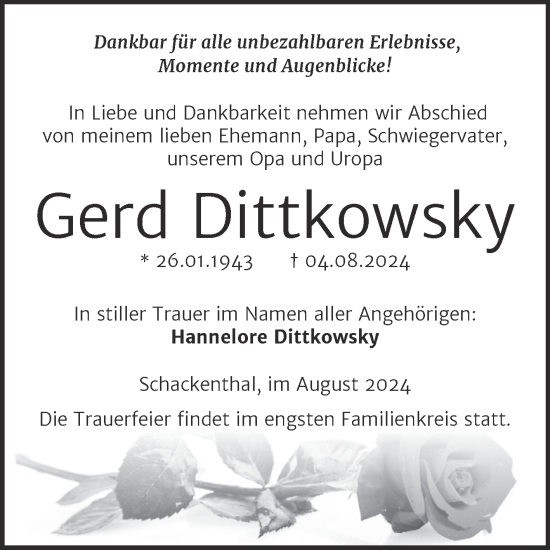 Traueranzeige von Gerd Dittkowsky von Trauerkombi Aschersleben