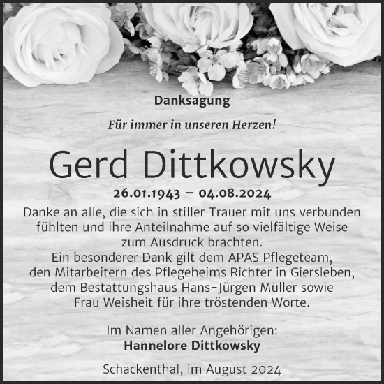Traueranzeige von Gerd Dittkowsky von Trauerkombi Aschersleben