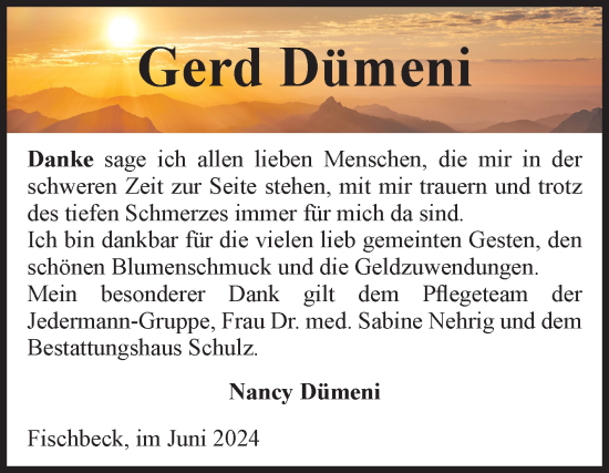 Traueranzeige von Gerd Dümeni von Volksstimme Altmark Ost