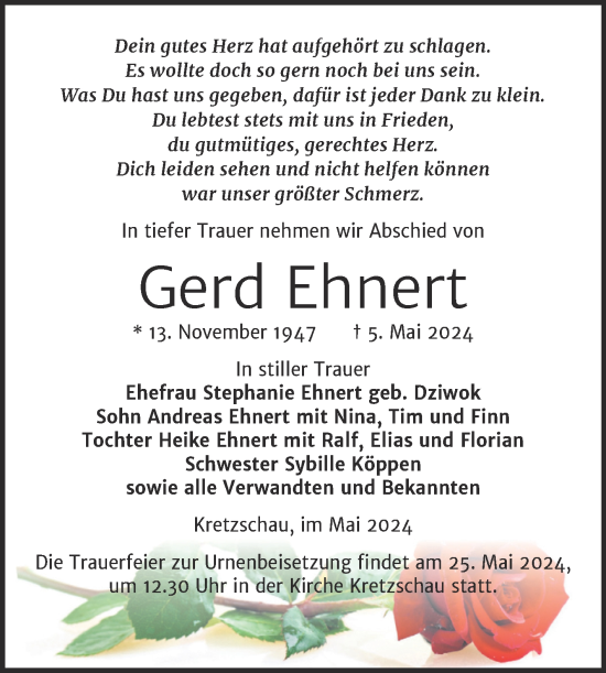Traueranzeige von Gerd Ehnert von Trauerkombi Zeitz