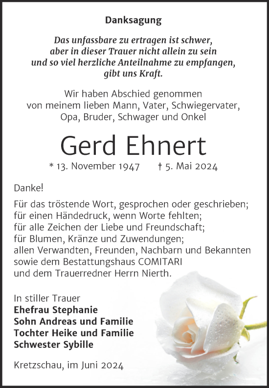 Traueranzeige von Gerd Ehnert von Trauerkombi Zeitz