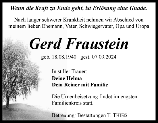 Traueranzeige von Gerd Fraustein von Volksstimme Wernigerode