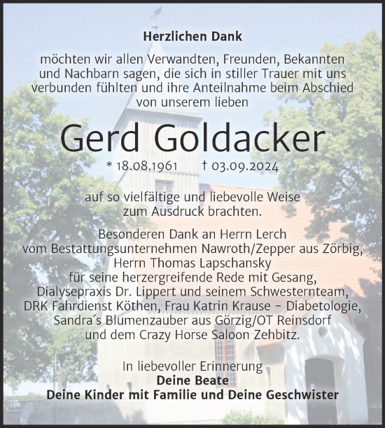 Traueranzeige von Gerd Goldacker von Trauerkombi Köthen