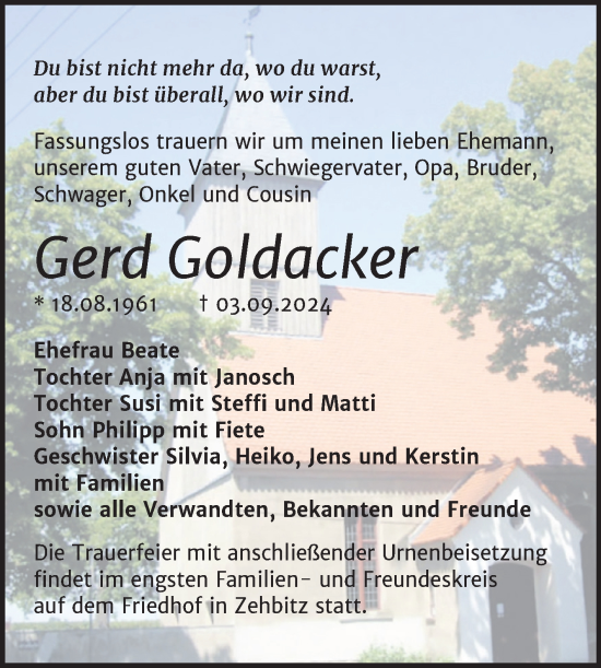 Traueranzeige von Gerd Goldacker von Trauerkombi Köthen