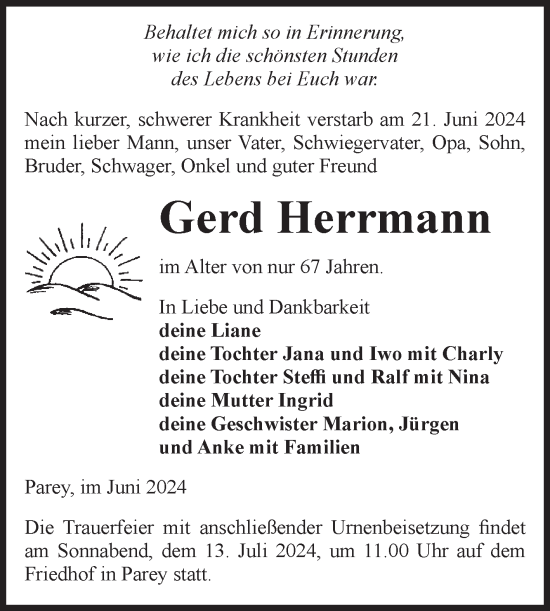 Traueranzeige von Gerd Herrmann von Volksstimme Burg/Genthin