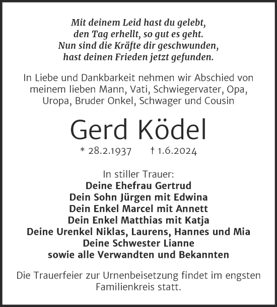 Traueranzeige von Gerd Ködel von Trauerkombi Weißenfels