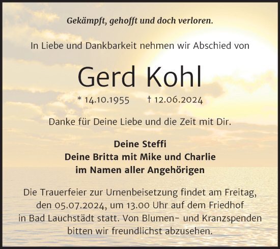 Traueranzeige von Gerd Kohl von Trauerkombi Merseburg