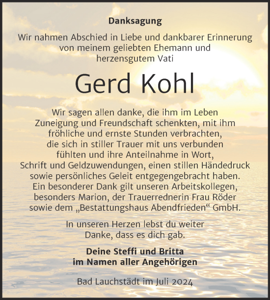 Traueranzeige von Gerd Kohl von Trauerkombi Merseburg