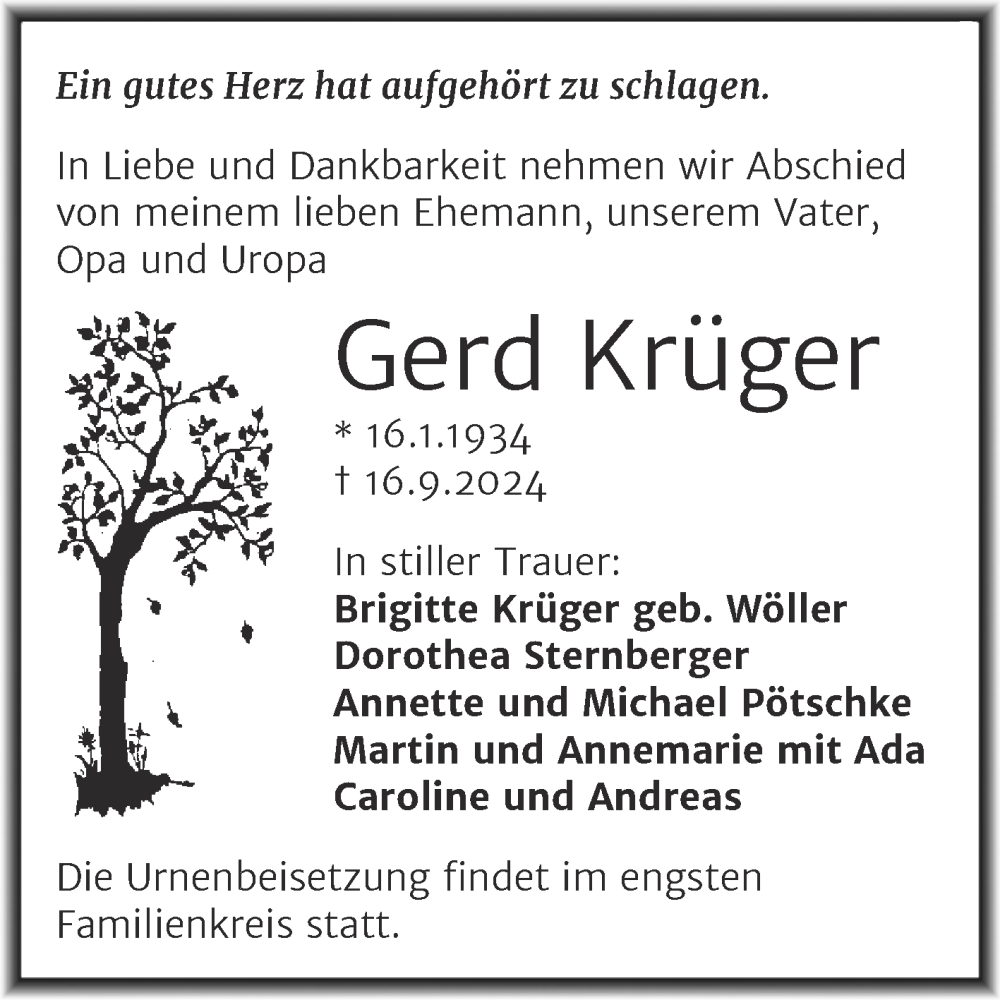  Traueranzeige für Gerd Krüger vom 21.09.2024 aus Mitteldeutsche Zeitung Halle/Saalkreis