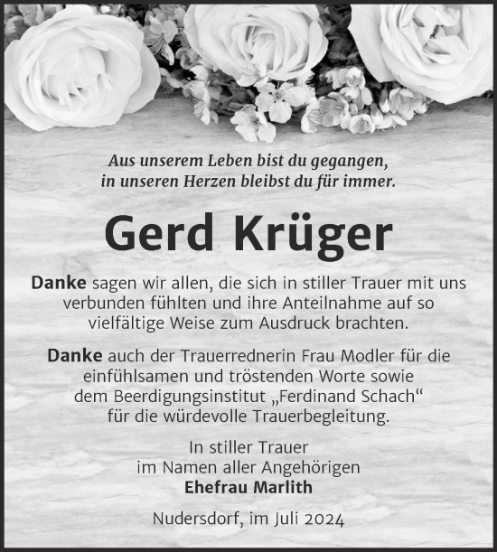 Traueranzeige von Gerd Krüger von Trauerkombi Wittenberg