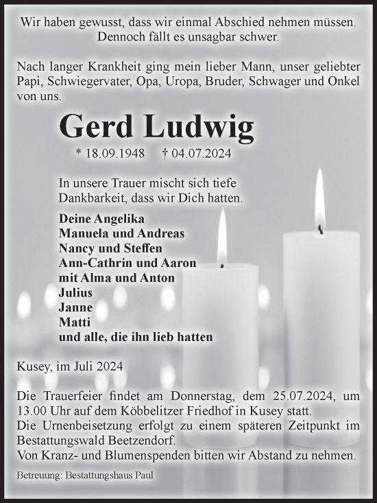 Traueranzeige von Gerd Ludwig von Volksstimme Altmark West