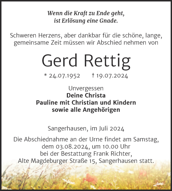 Traueranzeige von Gerd Rettig von Trauerkombi Sangerhausen