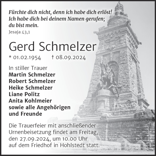 Traueranzeige von Gerd Schmelzer von Trauerkombi Sangerhausen