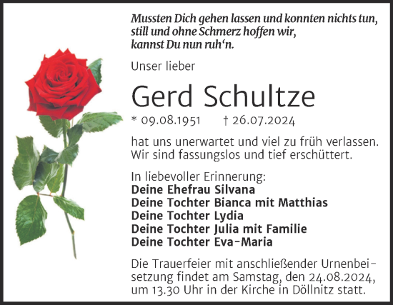 Traueranzeige von Gerd Schultze von Trauerkombi Merseburg