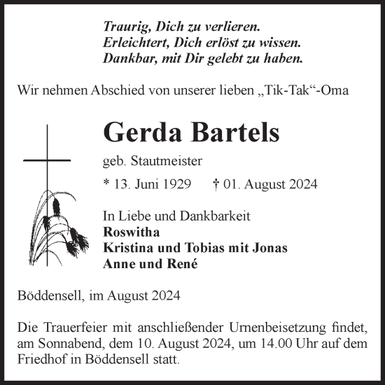 Traueranzeige von Gerda Bartels von Volksstimme Haldensleben/Wolmirstedt