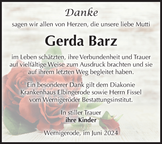 Traueranzeige von Gerda Barz von Volksstimme Wernigerode
