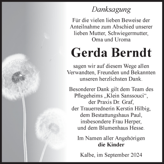 Traueranzeige von Gerda Berndt von Volksstimme Altmark West