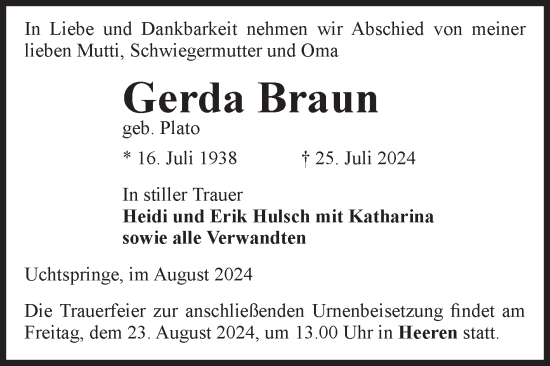 Traueranzeige von Gerda Braun von Volksstimme Altmark Ost
