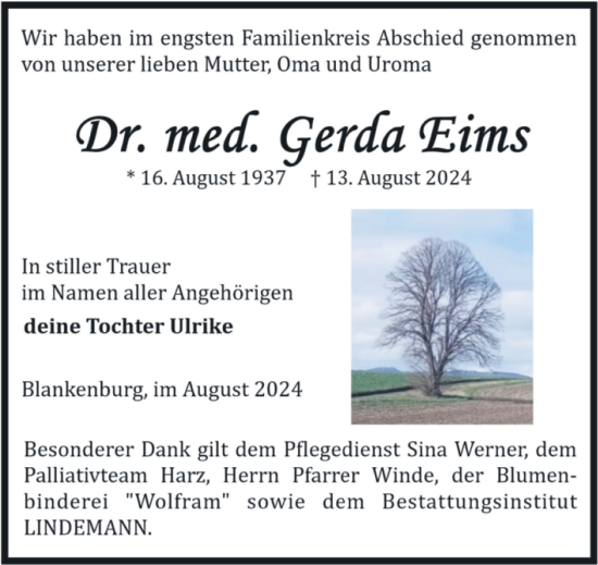 Traueranzeige von Gerda Eims von Volksstimme Wernigerode
