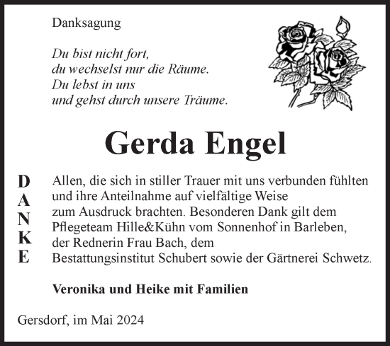 Traueranzeige von Gerda Engel von Volksstimme Haldensleben/Wolmirstedt