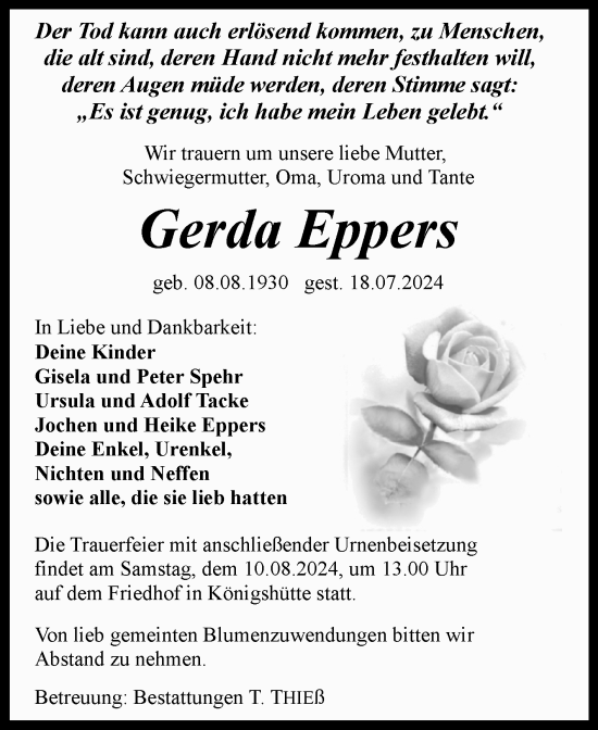 Traueranzeige von Gerda Eppers von Volksstimme Wernigerode
