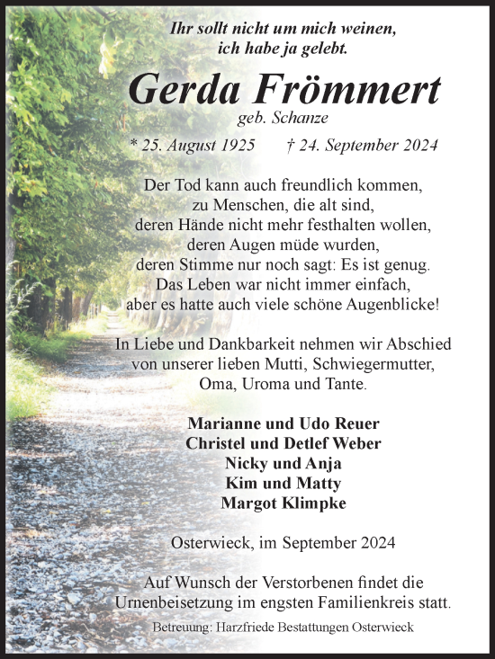 Traueranzeige von Gerda Frömmert von Volksstimme Halberstadt
