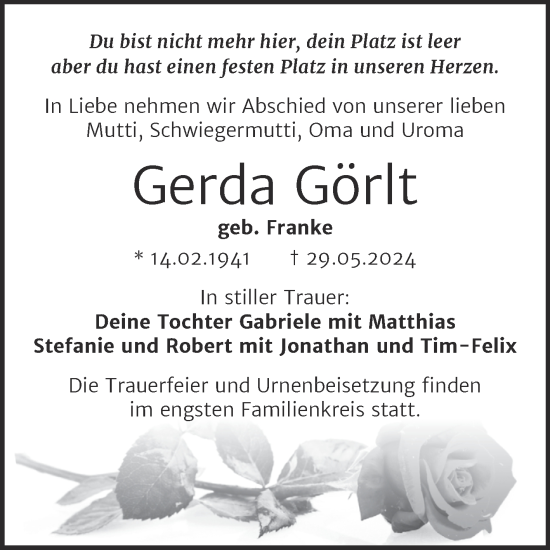 Traueranzeige von Gerda Görlt von Trauerkombi Aschersleben