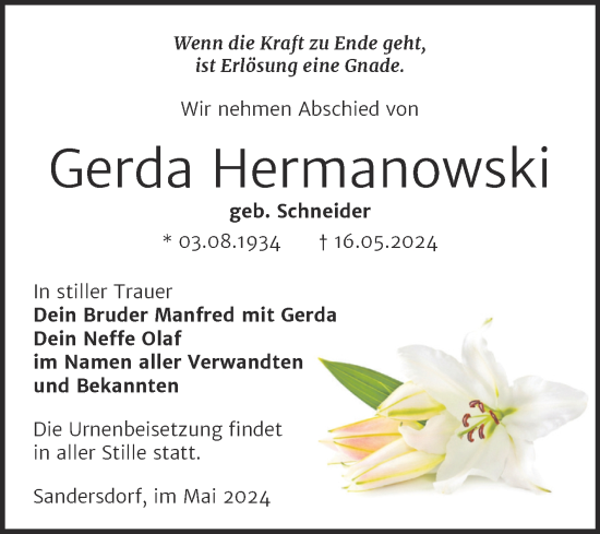 Traueranzeige von Gerda Hermanowski von Trauerkombi Bitterfeld
