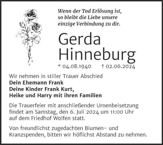 Traueranzeige von Gerda Hinneburg von Trauerkombi Bitterfeld