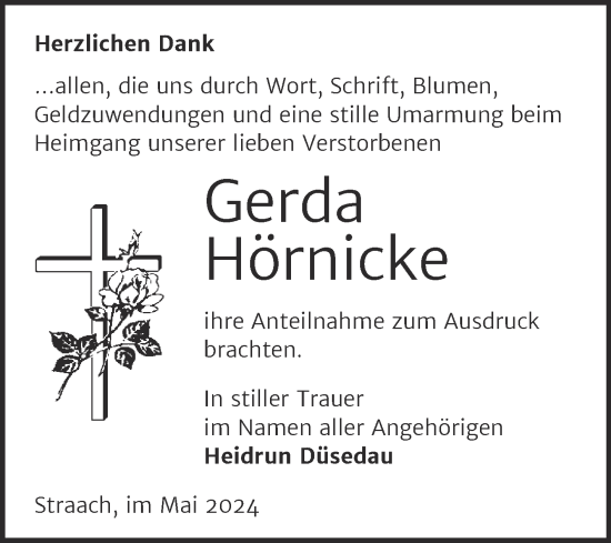 Traueranzeige von Gerda Hörnicke von Trauerkombi Wittenberg