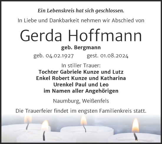 Traueranzeige von Gerda Hoffmann von Naumburger Tageblatt