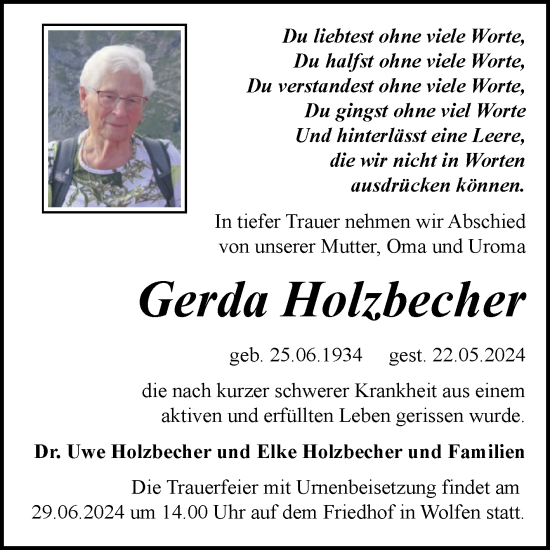 Traueranzeige von Gerda Holzbecher von Trauerkombi Bitterfeld