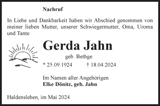 Traueranzeige von Gerda Jahn von Volksstimme Haldensleben/Wolmirstedt