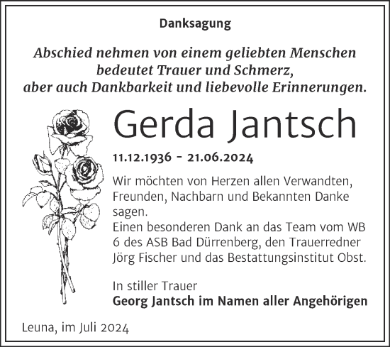 Traueranzeige von Gerda Jantsch von Trauerkombi Merseburg