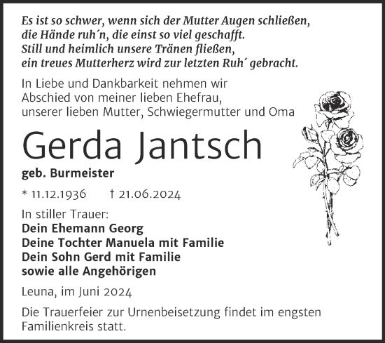 Traueranzeige von Gerda Jantsch von Trauerkombi Merseburg