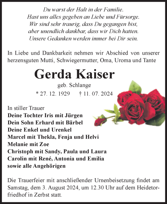 Traueranzeige von Gerda Kaiser von Volksstimme Zerbst