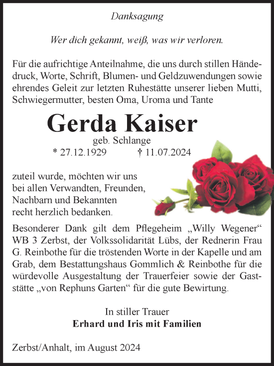 Traueranzeige von Gerda Kaiser von Volksstimme Zerbst