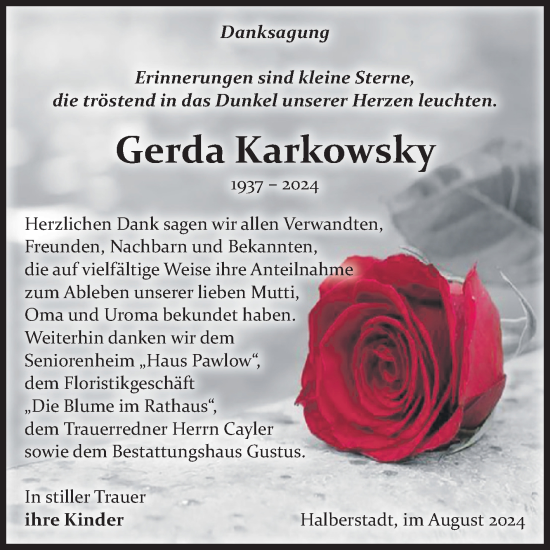 Traueranzeige von Gerda Karkowsky von Volksstimme Halberstadt