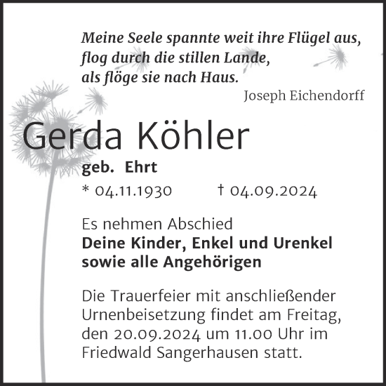 Traueranzeige von Gerda Köhler von Trauerkombi Sangerhausen