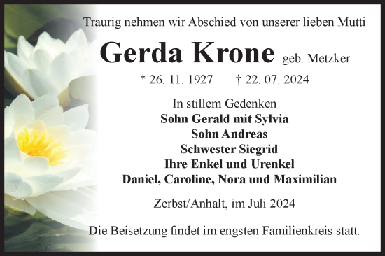 Traueranzeige von Gerda Krone von Volksstimme Zerbst