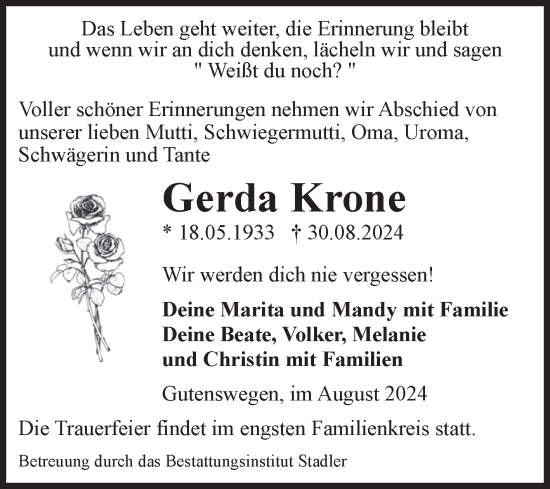 Traueranzeige von Gerda Krone von Volksstimme Haldensleben/Wolmirstedt