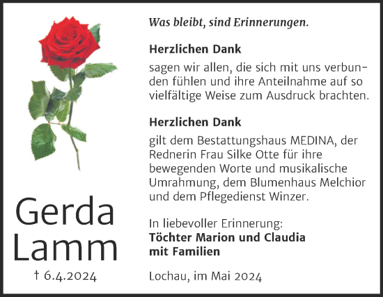 Traueranzeige von Gerda Lamm von Trauerkombi Merseburg